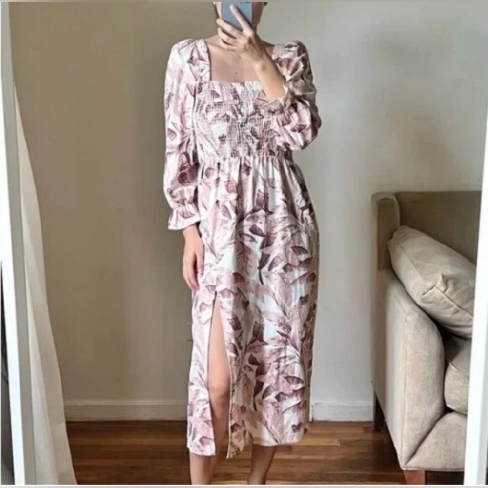 House Of Harlow 1960 Smocked Tropical Palm Linen Blend Bishop Sleeve Midi Dress